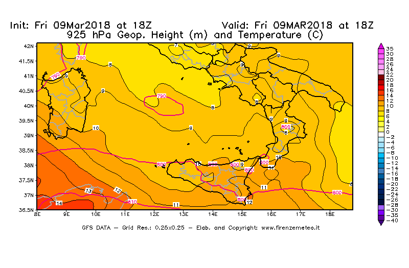 Mappa di analisi GFS - Geopotenziale [m] e Temperatura [°C] a 925 hPa in Sud-Italia
									del 09/03/2018 18 <!--googleoff: index-->UTC<!--googleon: index-->