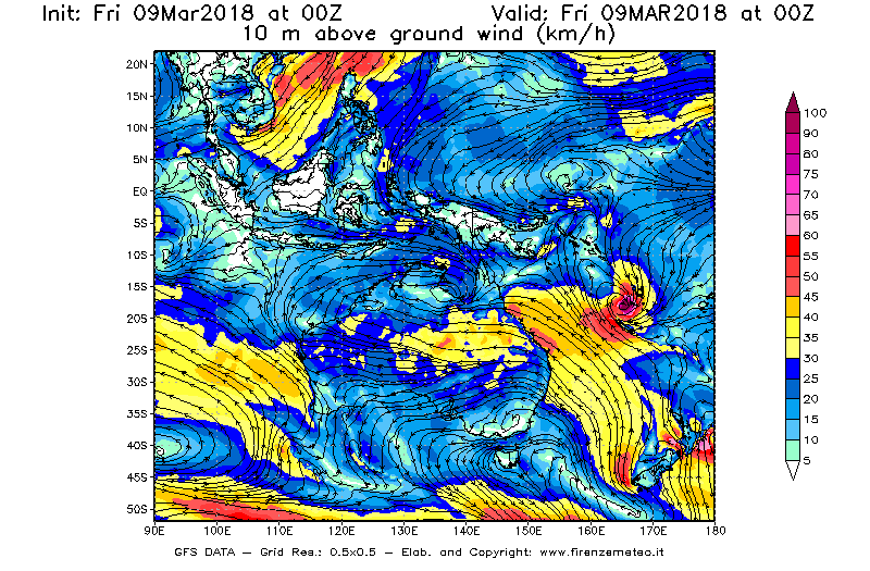 Mappa di analisi GFS - Velocità del vento a 10 metri dal suolo [km/h] in Oceania
							del 09/03/2018 00 <!--googleoff: index-->UTC<!--googleon: index-->