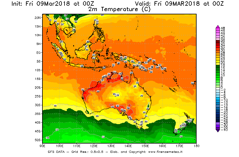 Mappa di analisi GFS - Temperatura a 2 metri dal suolo [°C] in Oceania
									del 09/03/2018 00 <!--googleoff: index-->UTC<!--googleon: index-->