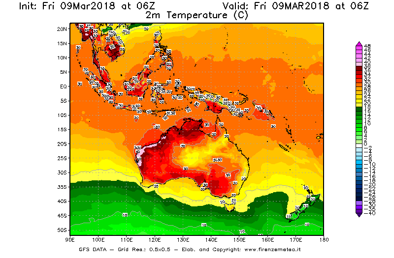 Mappa di analisi GFS - Temperatura a 2 metri dal suolo [°C] in Oceania
							del 09/03/2018 06 <!--googleoff: index-->UTC<!--googleon: index-->