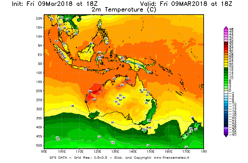 Mappa di analisi GFS - Temperatura a 2 metri dal suolo [°C] in Oceania
									del 09/03/2018 18 <!--googleoff: index-->UTC<!--googleon: index-->