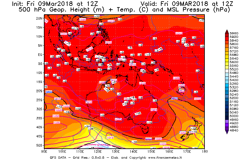 Mappa di analisi GFS - Geopotenziale [m] + Temp. [°C] a 500 hPa + Press. a livello del mare [hPa] in Oceania
							del 09/03/2018 12 <!--googleoff: index-->UTC<!--googleon: index-->