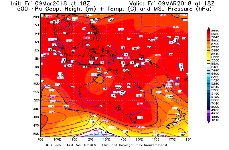 Mappa di analisi GFS - Geopotenziale [m] + Temp. [°C] a 500 hPa + Press. a livello del mare [hPa] in Oceania
									del 09/03/2018 18 <!--googleoff: index-->UTC<!--googleon: index-->