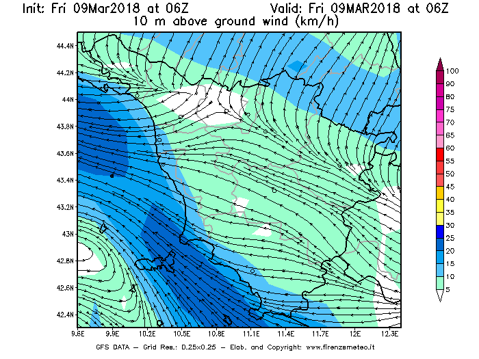 Mappa di analisi GFS - Velocità del vento a 10 metri dal suolo [km/h] in Toscana
							del 09/03/2018 06 <!--googleoff: index-->UTC<!--googleon: index-->