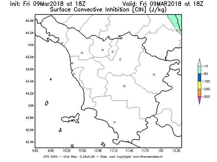 Mappa di analisi GFS - CIN [J/kg] in Toscana
							del 09/03/2018 18 <!--googleoff: index-->UTC<!--googleon: index-->