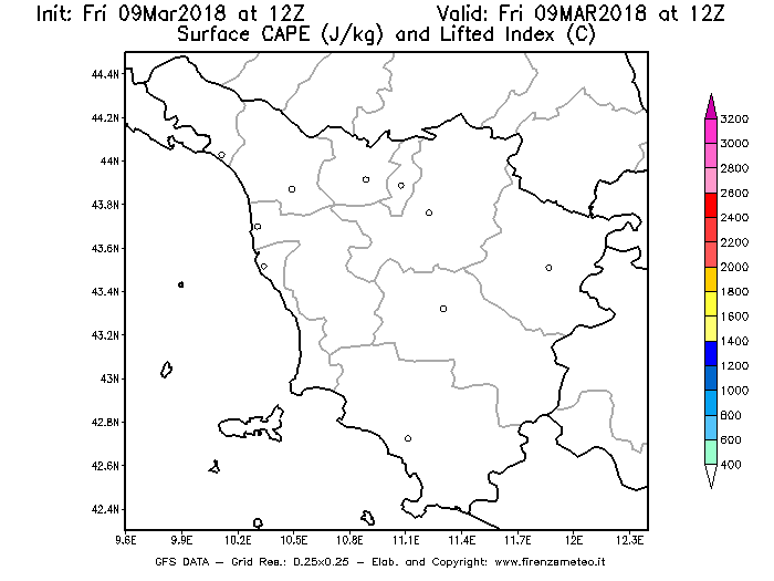 Mappa di analisi GFS - CAPE [J/kg] e Lifted Index [°C] in Toscana
									del 09/03/2018 12 <!--googleoff: index-->UTC<!--googleon: index-->