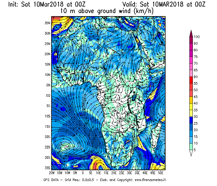 Mappa di analisi GFS - Velocità del vento a 10 metri dal suolo [km/h] in Africa
							del 10/03/2018 00 <!--googleoff: index-->UTC<!--googleon: index-->
