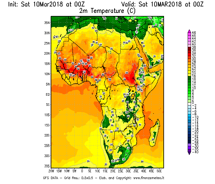 Mappa di analisi GFS - Temperatura a 2 metri dal suolo [°C] in Africa
							del 10/03/2018 00 <!--googleoff: index-->UTC<!--googleon: index-->