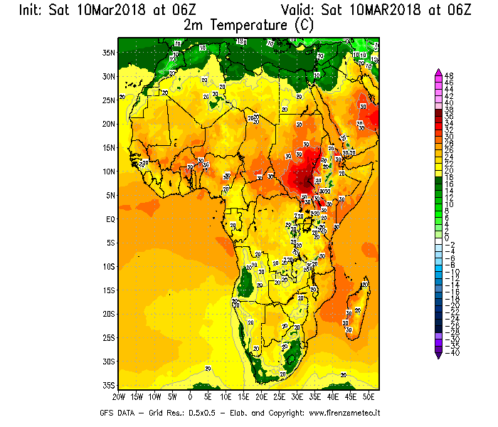 Mappa di analisi GFS - Temperatura a 2 metri dal suolo [°C] in Africa
							del 10/03/2018 06 <!--googleoff: index-->UTC<!--googleon: index-->