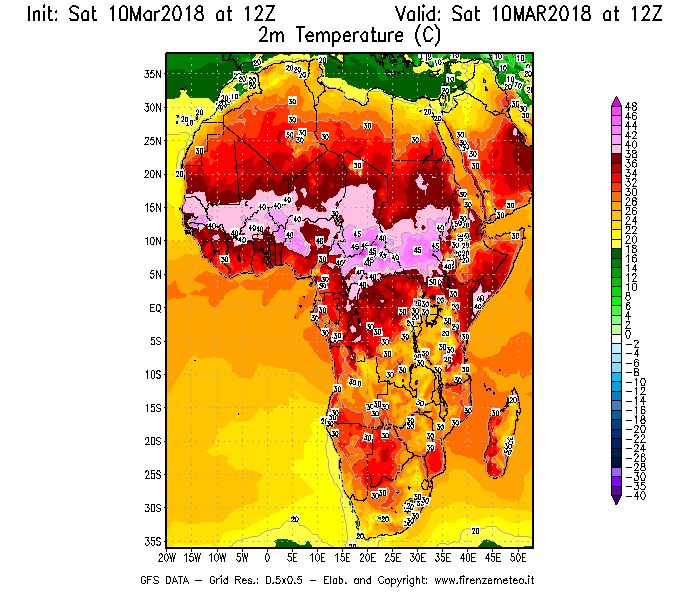 Mappa di analisi GFS - Temperatura a 2 metri dal suolo [°C] in Africa
							del 10/03/2018 12 <!--googleoff: index-->UTC<!--googleon: index-->