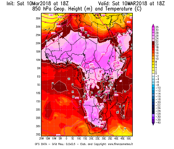 Mappa di analisi GFS - Geopotenziale [m] e Temperatura [°C] a 850 hPa in Africa
							del 10/03/2018 18 <!--googleoff: index-->UTC<!--googleon: index-->
