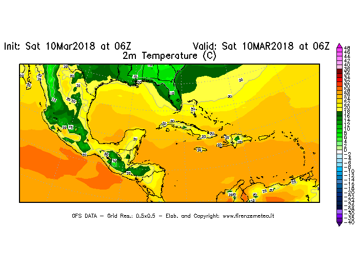 Mappa di analisi GFS - Temperatura a 2 metri dal suolo [°C] in Centro-America
							del 10/03/2018 06 <!--googleoff: index-->UTC<!--googleon: index-->