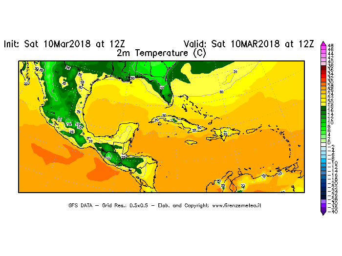 Mappa di analisi GFS - Temperatura a 2 metri dal suolo [°C] in Centro-America
							del 10/03/2018 12 <!--googleoff: index-->UTC<!--googleon: index-->