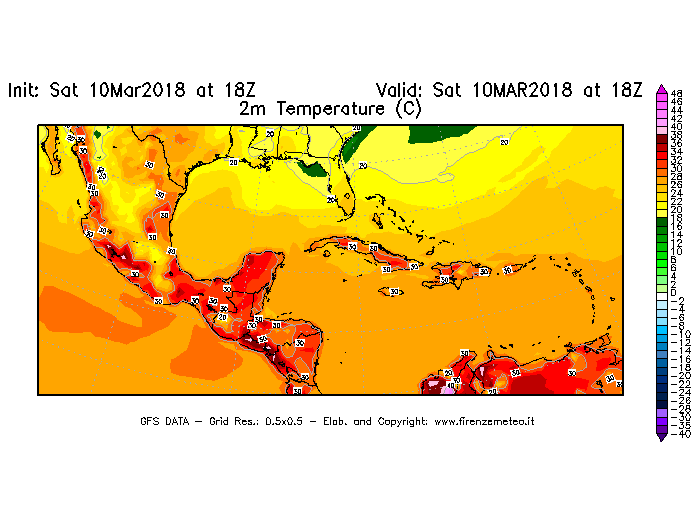 Mappa di analisi GFS - Temperatura a 2 metri dal suolo [°C] in Centro-America
							del 10/03/2018 18 <!--googleoff: index-->UTC<!--googleon: index-->