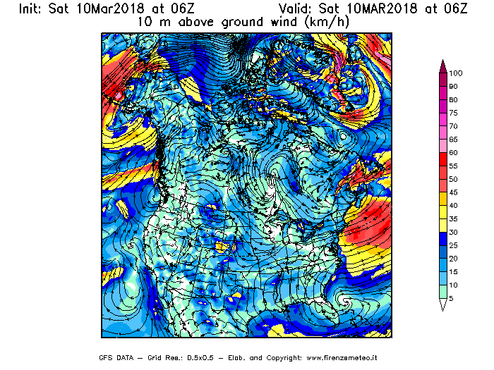 Mappa di analisi GFS - Velocità del vento a 10 metri dal suolo [km/h] in Nord-America
							del 10/03/2018 06 <!--googleoff: index-->UTC<!--googleon: index-->