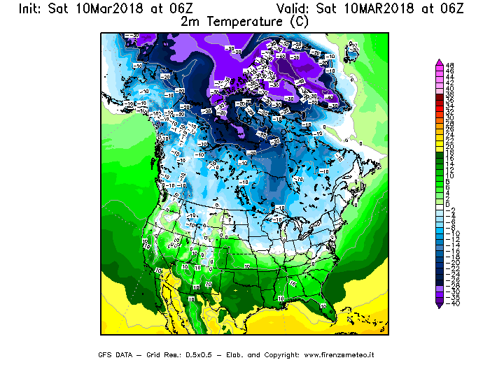Mappa di analisi GFS - Temperatura a 2 metri dal suolo [°C] in Nord-America
							del 10/03/2018 06 <!--googleoff: index-->UTC<!--googleon: index-->