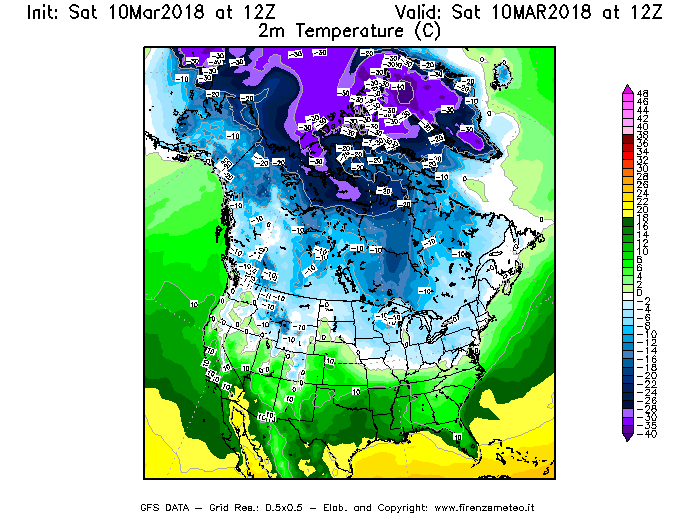 Mappa di analisi GFS - Temperatura a 2 metri dal suolo [°C] in Nord-America
							del 10/03/2018 12 <!--googleoff: index-->UTC<!--googleon: index-->