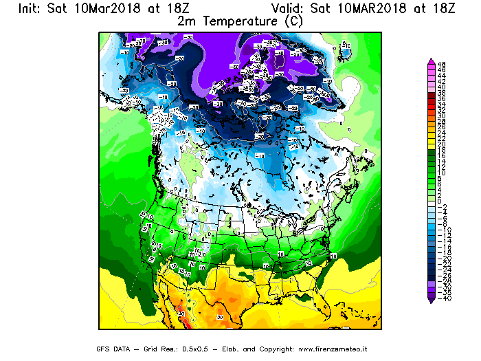 Mappa di analisi GFS - Temperatura a 2 metri dal suolo [°C] in Nord-America
							del 10/03/2018 18 <!--googleoff: index-->UTC<!--googleon: index-->