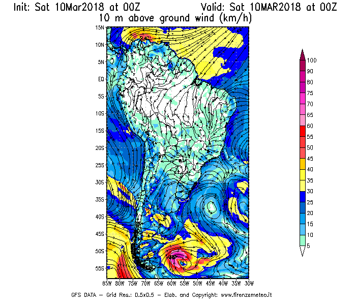 Mappa di analisi GFS - Velocità del vento a 10 metri dal suolo [km/h] in Sud-America
							del 10/03/2018 00 <!--googleoff: index-->UTC<!--googleon: index-->