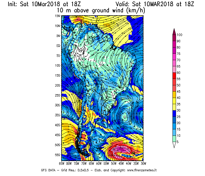 Mappa di analisi GFS - Velocità del vento a 10 metri dal suolo [km/h] in Sud-America
							del 10/03/2018 18 <!--googleoff: index-->UTC<!--googleon: index-->