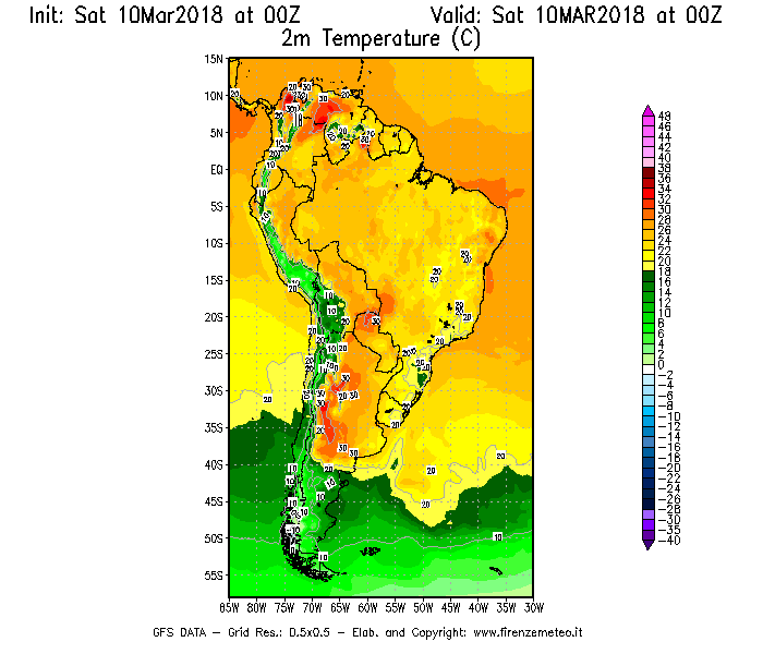 Mappa di analisi GFS - Temperatura a 2 metri dal suolo [°C] in Sud-America
							del 10/03/2018 00 <!--googleoff: index-->UTC<!--googleon: index-->