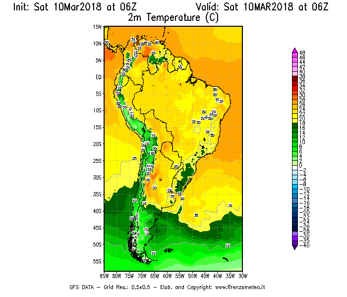 Mappa di analisi GFS - Temperatura a 2 metri dal suolo [°C] in Sud-America
							del 10/03/2018 06 <!--googleoff: index-->UTC<!--googleon: index-->