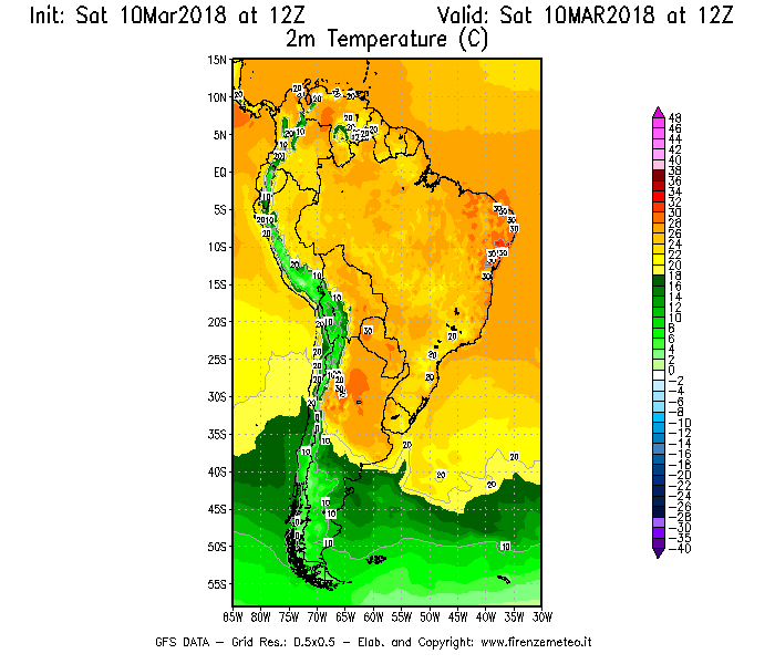 Mappa di analisi GFS - Temperatura a 2 metri dal suolo [°C] in Sud-America
							del 10/03/2018 12 <!--googleoff: index-->UTC<!--googleon: index-->