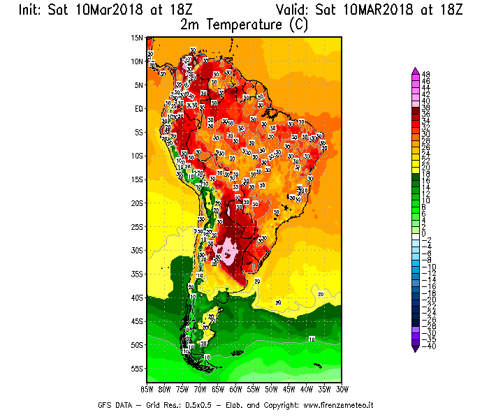 Mappa di analisi GFS - Temperatura a 2 metri dal suolo [°C] in Sud-America
							del 10/03/2018 18 <!--googleoff: index-->UTC<!--googleon: index-->