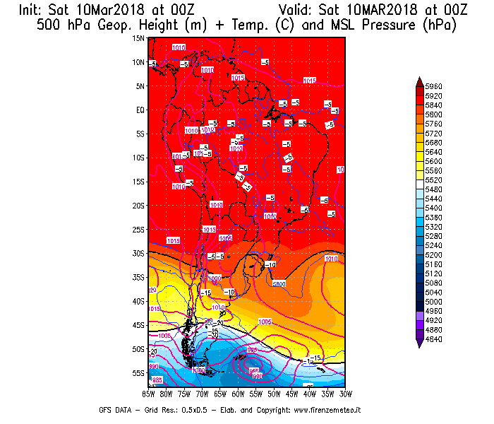 Mappa di analisi GFS - Geopotenziale [m] + Temp. [°C] a 500 hPa + Press. a livello del mare [hPa] in Sud-America
							del 10/03/2018 00 <!--googleoff: index-->UTC<!--googleon: index-->