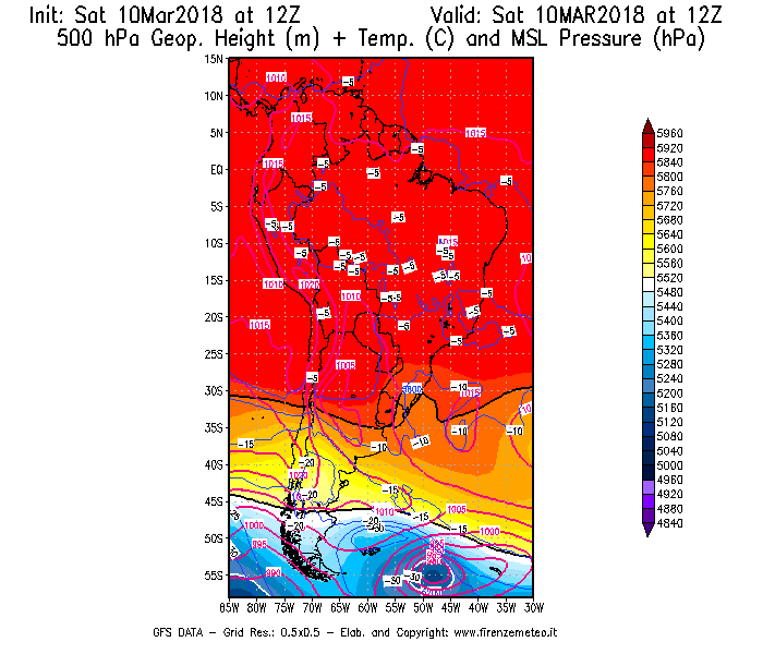 Mappa di analisi GFS - Geopotenziale [m] + Temp. [°C] a 500 hPa + Press. a livello del mare [hPa] in Sud-America
							del 10/03/2018 12 <!--googleoff: index-->UTC<!--googleon: index-->
