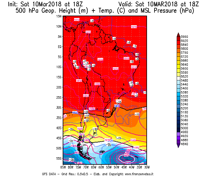 Mappa di analisi GFS - Geopotenziale [m] + Temp. [°C] a 500 hPa + Press. a livello del mare [hPa] in Sud-America
							del 10/03/2018 18 <!--googleoff: index-->UTC<!--googleon: index-->