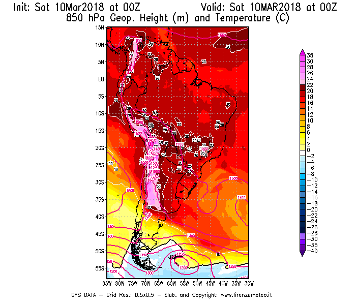 Mappa di analisi GFS - Geopotenziale [m] e Temperatura [°C] a 850 hPa in Sud-America
							del 10/03/2018 00 <!--googleoff: index-->UTC<!--googleon: index-->