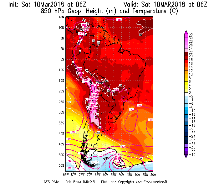 Mappa di analisi GFS - Geopotenziale [m] e Temperatura [°C] a 850 hPa in Sud-America
							del 10/03/2018 06 <!--googleoff: index-->UTC<!--googleon: index-->