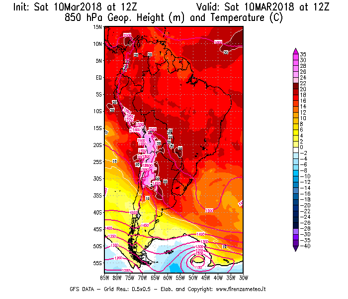 Mappa di analisi GFS - Geopotenziale [m] e Temperatura [°C] a 850 hPa in Sud-America
							del 10/03/2018 12 <!--googleoff: index-->UTC<!--googleon: index-->