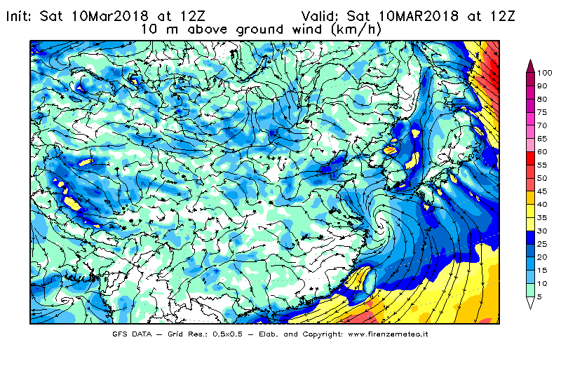 Mappa di analisi GFS - Velocità del vento a 10 metri dal suolo [km/h] in Asia Orientale
							del 10/03/2018 12 <!--googleoff: index-->UTC<!--googleon: index-->