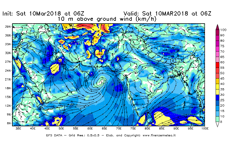 Mappa di analisi GFS - Velocità del vento a 10 metri dal suolo [km/h] in Asia Sud-Occidentale
							del 10/03/2018 06 <!--googleoff: index-->UTC<!--googleon: index-->