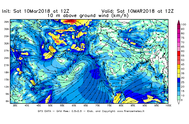 Mappa di analisi GFS - Velocità del vento a 10 metri dal suolo [km/h] in Asia Sud-Occidentale
							del 10/03/2018 12 <!--googleoff: index-->UTC<!--googleon: index-->