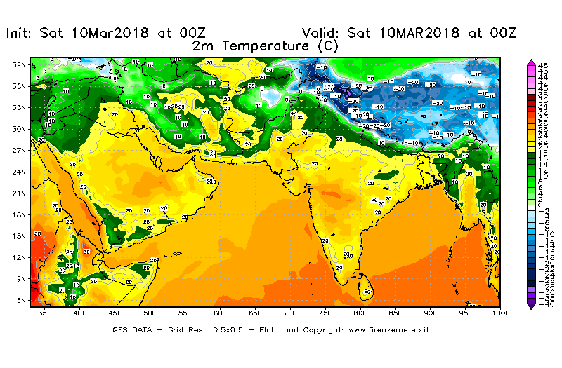 Mappa di analisi GFS - Temperatura a 2 metri dal suolo [°C] in Asia Sud-Occidentale
							del 10/03/2018 00 <!--googleoff: index-->UTC<!--googleon: index-->