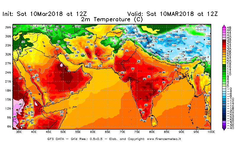 Mappa di analisi GFS - Temperatura a 2 metri dal suolo [°C] in Asia Sud-Occidentale
							del 10/03/2018 12 <!--googleoff: index-->UTC<!--googleon: index-->
