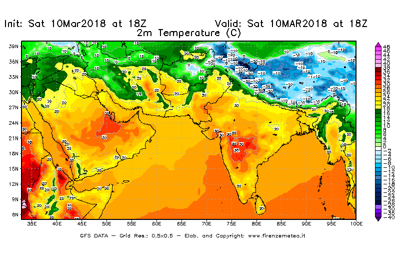 Mappa di analisi GFS - Temperatura a 2 metri dal suolo [°C] in Asia Sud-Occidentale
							del 10/03/2018 18 <!--googleoff: index-->UTC<!--googleon: index-->