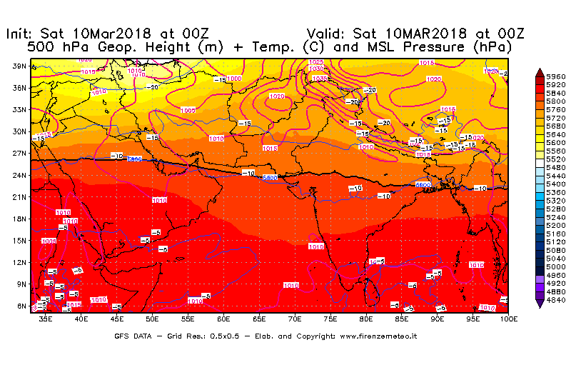 Mappa di analisi GFS - Geopotenziale [m] + Temp. [°C] a 500 hPa + Press. a livello del mare [hPa] in Asia Sud-Occidentale
							del 10/03/2018 00 <!--googleoff: index-->UTC<!--googleon: index-->