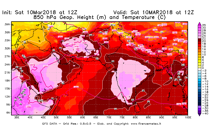 Mappa di analisi GFS - Geopotenziale [m] e Temperatura [°C] a 850 hPa in Asia Sud-Occidentale
							del 10/03/2018 12 <!--googleoff: index-->UTC<!--googleon: index-->