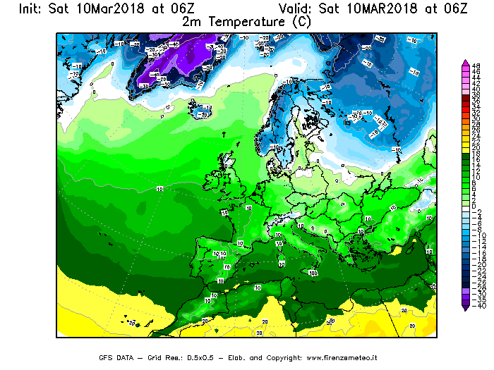 Mappa di analisi GFS - Temperatura a 2 metri dal suolo [°C] in Europa
							del 10/03/2018 06 <!--googleoff: index-->UTC<!--googleon: index-->