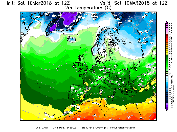 Mappa di analisi GFS - Temperatura a 2 metri dal suolo [°C] in Europa
							del 10/03/2018 12 <!--googleoff: index-->UTC<!--googleon: index-->