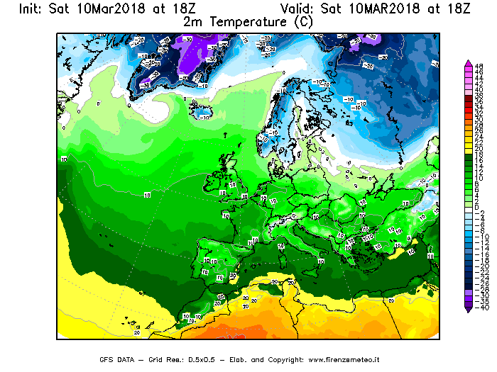 Mappa di analisi GFS - Temperatura a 2 metri dal suolo [°C] in Europa
							del 10/03/2018 18 <!--googleoff: index-->UTC<!--googleon: index-->