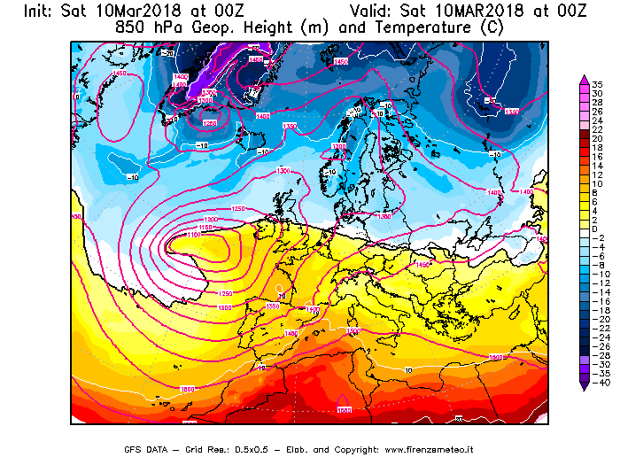 Mappa di analisi GFS - Geopotenziale [m] e Temperatura [°C] a 850 hPa in Europa
							del 10/03/2018 00 <!--googleoff: index-->UTC<!--googleon: index-->