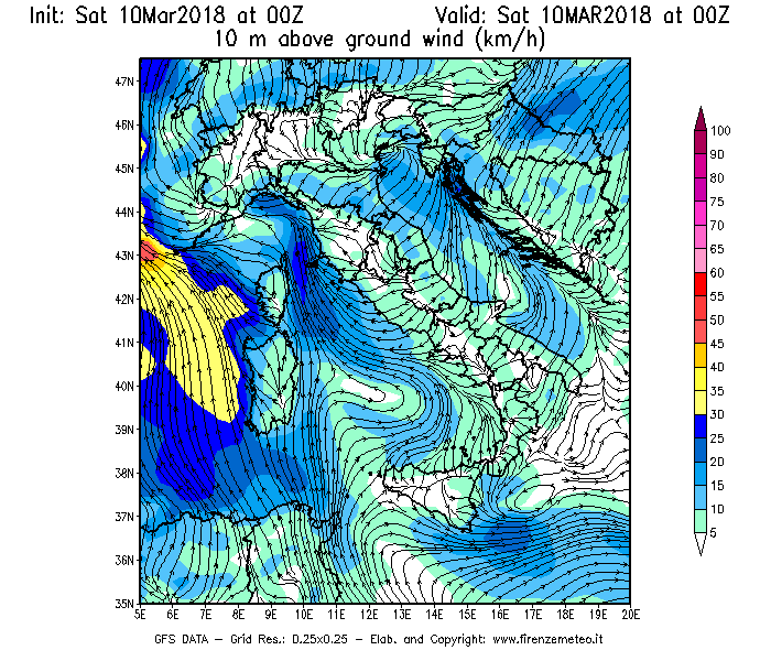 Mappa di analisi GFS - Velocità del vento a 10 metri dal suolo [km/h] in Italia
							del 10/03/2018 00 <!--googleoff: index-->UTC<!--googleon: index-->