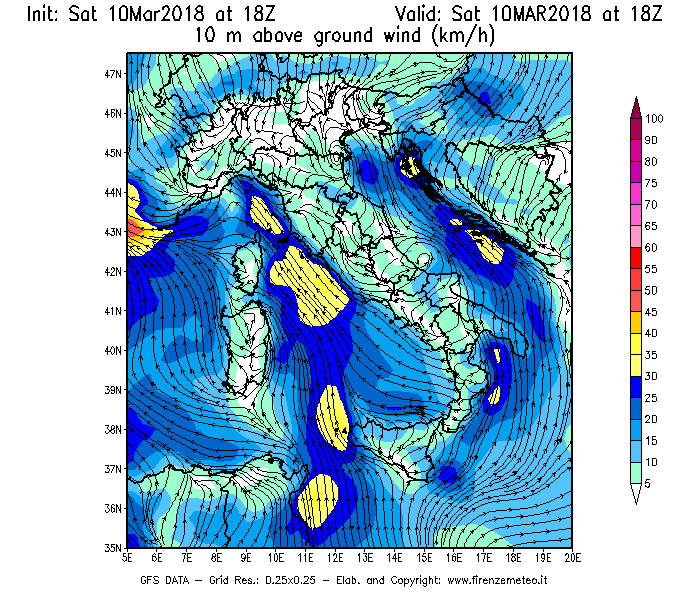 Mappa di analisi GFS - Velocità del vento a 10 metri dal suolo [km/h] in Italia
							del 10/03/2018 18 <!--googleoff: index-->UTC<!--googleon: index-->
