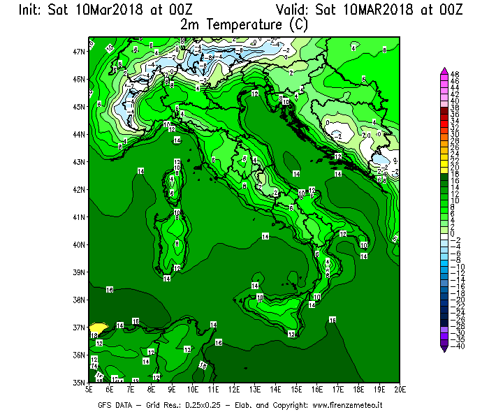 Mappa di analisi GFS - Temperatura a 2 metri dal suolo [°C] in Italia
							del 10/03/2018 00 <!--googleoff: index-->UTC<!--googleon: index-->