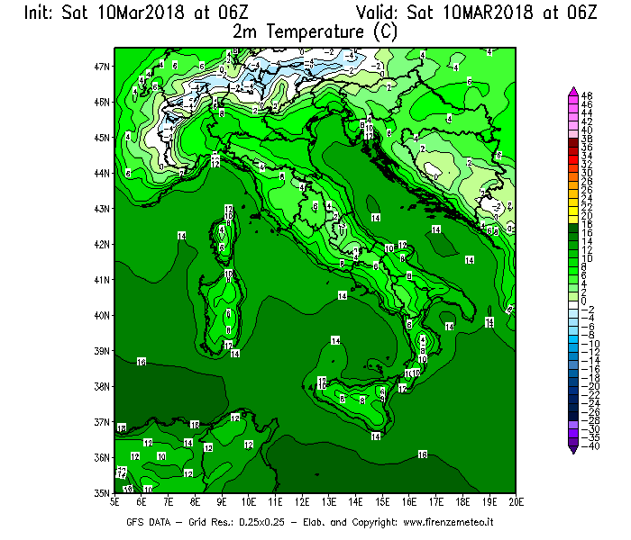 Mappa di analisi GFS - Temperatura a 2 metri dal suolo [°C] in Italia
							del 10/03/2018 06 <!--googleoff: index-->UTC<!--googleon: index-->
